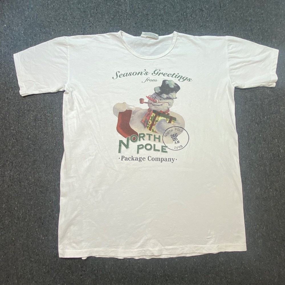 North Pole Package Co Shirt OS Mens White 90s Vintage Snowman Single Stitch USA